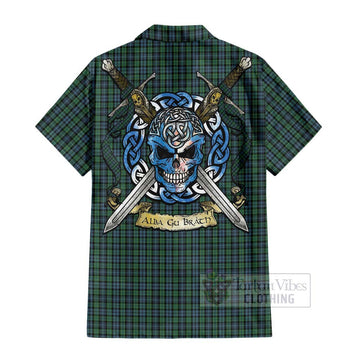 Tartan Vibes Clothing Arbuthnot Tartan Short Sleeve Button Shirt with Family Crest Celtic Skull Style