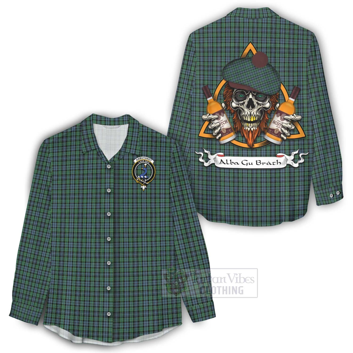 Tartan Vibes Clothing Arbuthnot Tartan Women's Casual Shirt with Family Crest and Bearded Skull Holding Bottles of Whiskey
