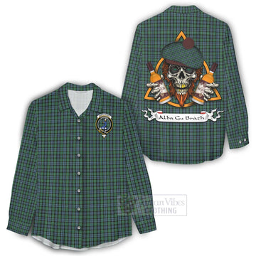 Tartan Vibes Clothing Arbuthnot Tartan Women's Casual Shirt with Family Crest and Bearded Skull Holding Bottles of Whiskey