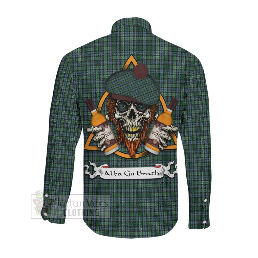 Tartan Vibes Clothing Arbuthnot Tartan Long Sleeve Button Shirt with Family Crest and Bearded Skull Holding Bottles of Whiskey
