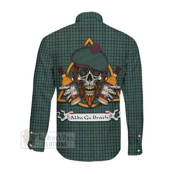 Tartan Vibes Clothing Arbuthnot Tartan Long Sleeve Button Shirt with Family Crest and Bearded Skull Holding Bottles of Whiskey