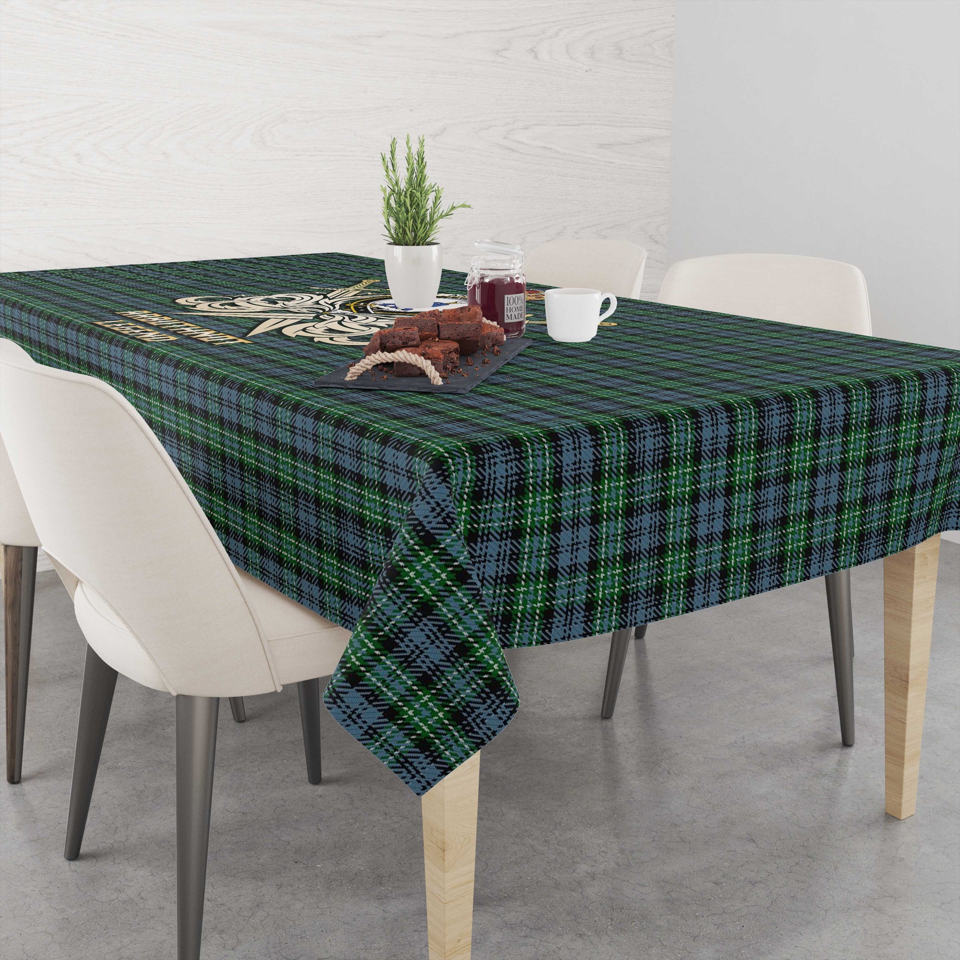 Tartan Vibes Clothing Arbuthnot Tartan Tablecloth with Clan Crest and the Golden Sword of Courageous Legacy