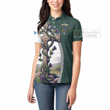 Tartan Vibes Clothing Arbuthnot Tartan Women's Polo Shirt with Family Crest and St. Andrew's Cross Accented by Thistle Vines