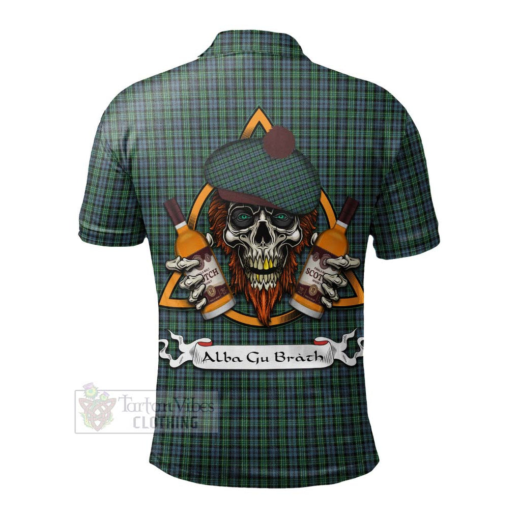 Tartan Vibes Clothing Arbuthnot Tartan Polo Shirt with Family Crest and Bearded Skull Holding Bottles of Whiskey