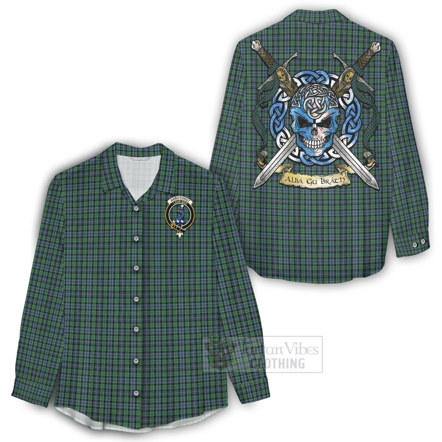 Tartan Vibes Clothing Arbuthnot Tartan Women's Casual Shirt with Family Crest Celtic Skull Style