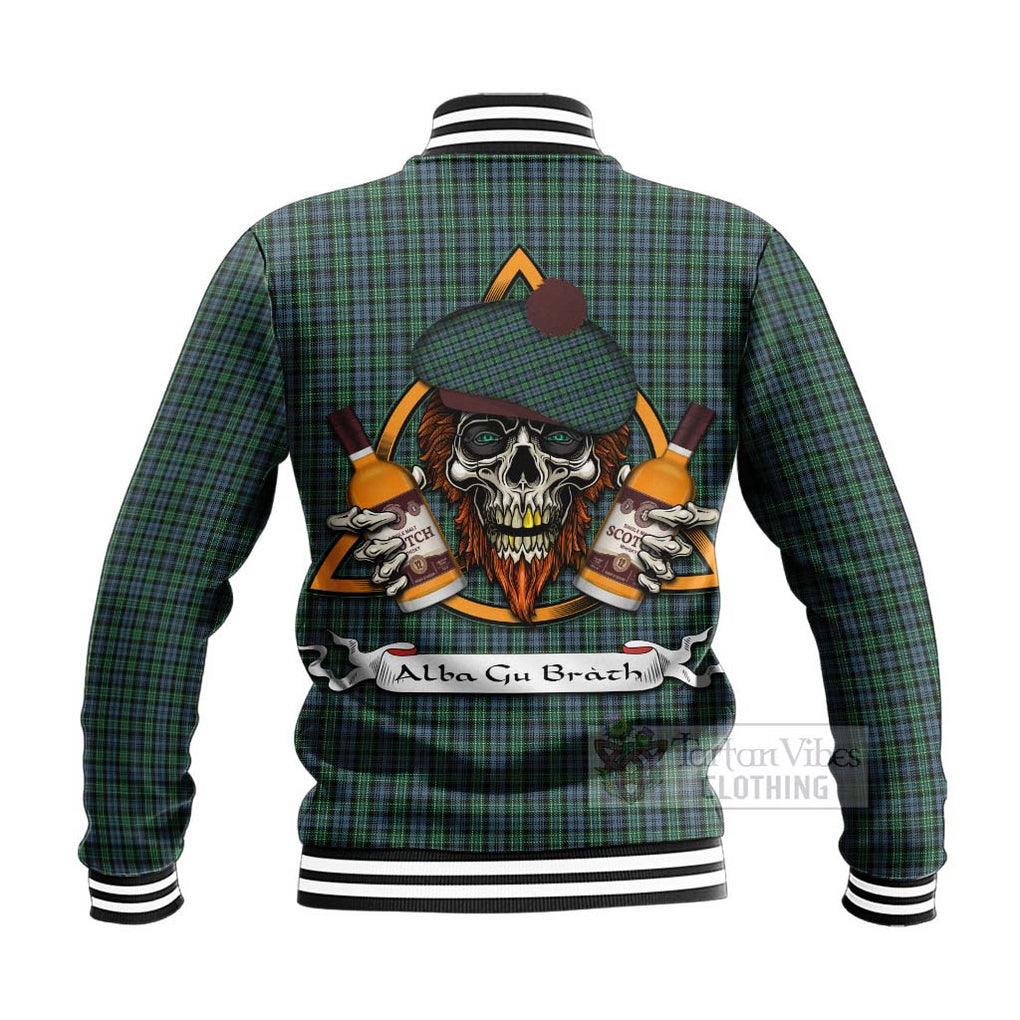 Tartan Vibes Clothing Arbuthnot Tartan Baseball Jacket with Family Crest and Bearded Skull Holding Bottles of Whiskey