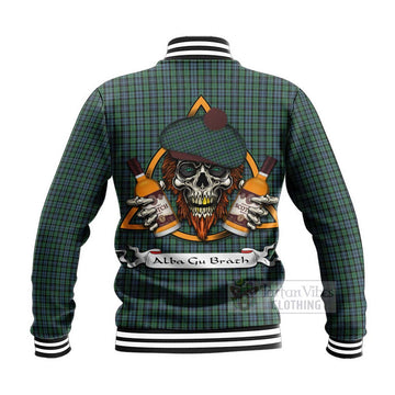 Tartan Vibes Clothing Arbuthnot Tartan Baseball Jacket with Family Crest and Bearded Skull Holding Bottles of Whiskey