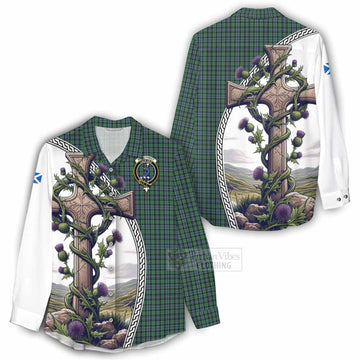 Tartan Vibes Clothing Arbuthnot Tartan Women's Casual Shirt with Family Crest and St. Andrew's Cross Accented by Thistle Vines