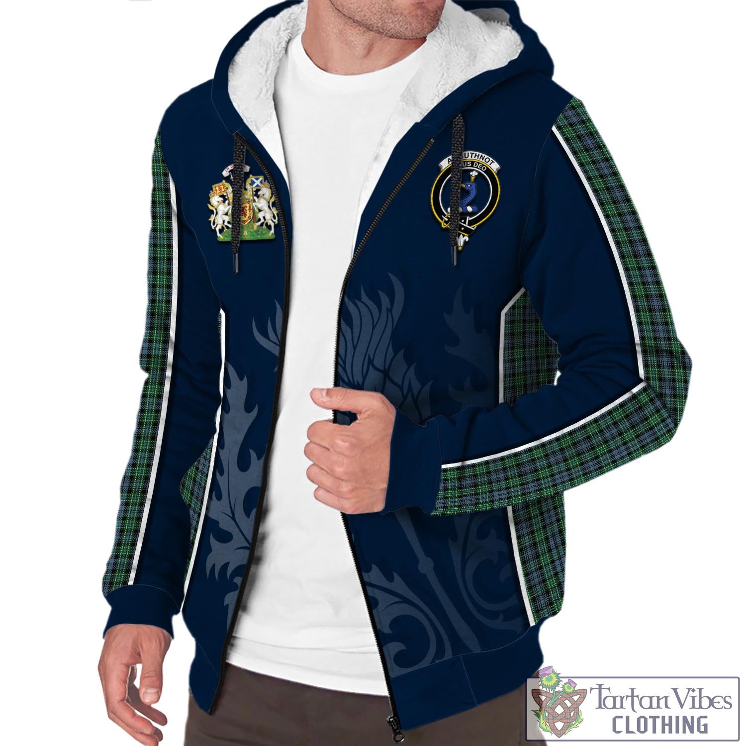Tartan Vibes Clothing Arbuthnot Tartan Sherpa Hoodie with Family Crest and Scottish Thistle Vibes Sport Style