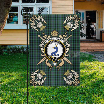 Arbuthnot Tartan Garden Flag with Family Crest and Golden Thistle Crossed Sword Design