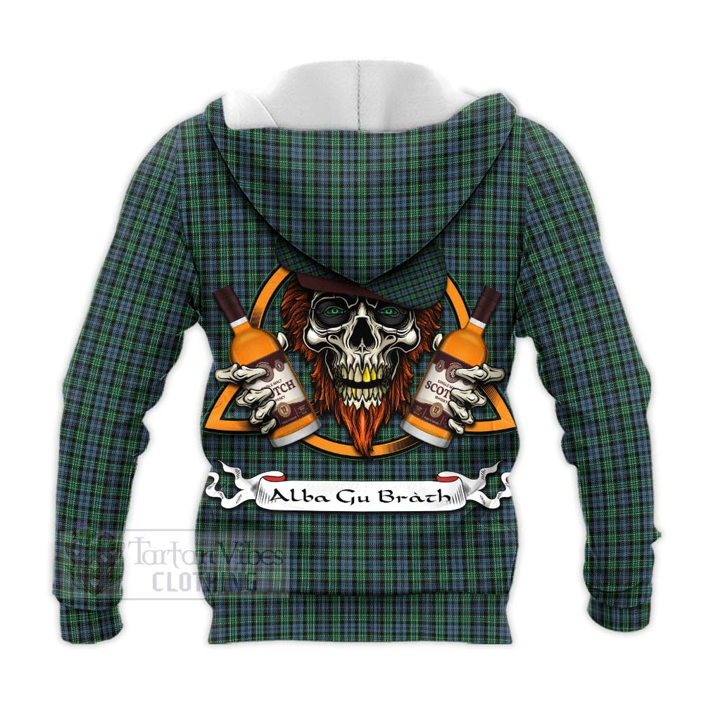 Tartan Vibes Clothing Arbuthnot Tartan Knitted Hoodie with Family Crest and Bearded Skull Holding Bottles of Whiskey