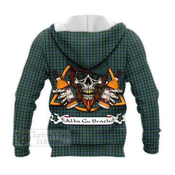Tartan Vibes Clothing Arbuthnot Tartan Knitted Hoodie with Family Crest and Bearded Skull Holding Bottles of Whiskey
