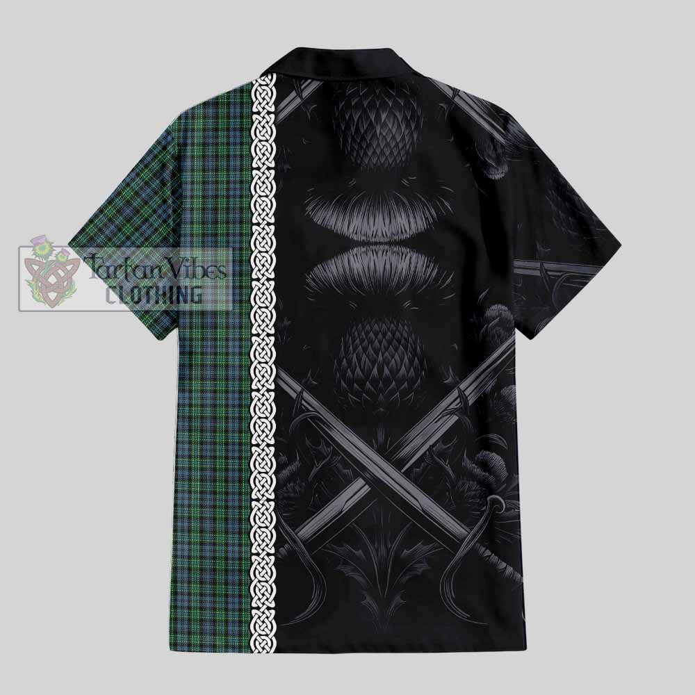 Tartan Vibes Clothing Arbuthnot Tartan Short Sleeve Button Shirt with Family Crest Cross Sword Thistle Celtic Vibes