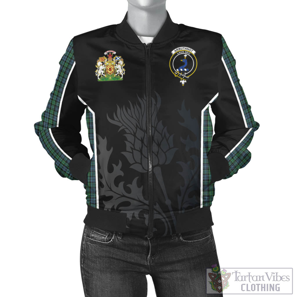 Tartan Vibes Clothing Arbuthnot Tartan Bomber Jacket with Family Crest and Scottish Thistle Vibes Sport Style