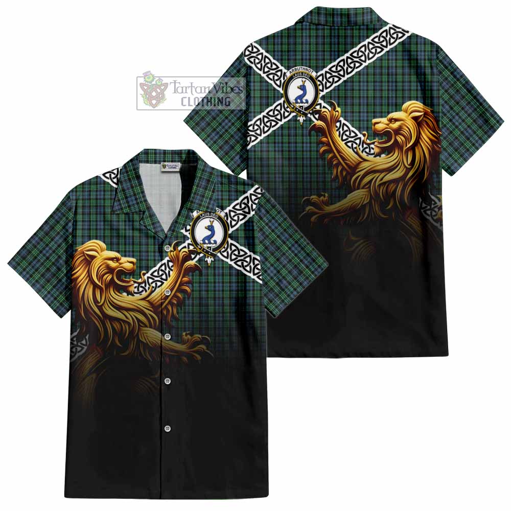 Tartan Vibes Clothing Arbuthnot Crest Tartan Short Sleeve Button Shirt with Golden Lion Emblem Celtic Style