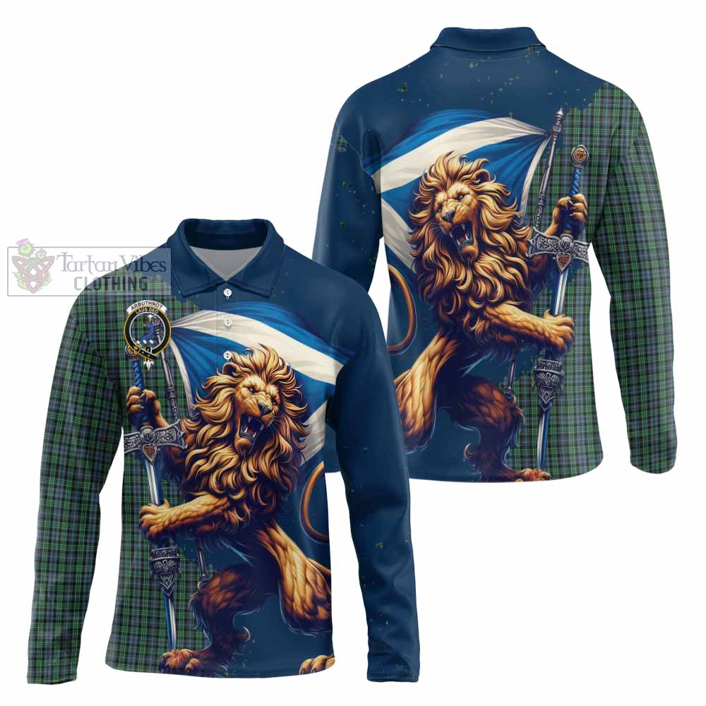 Tartan Vibes Clothing Arbuthnot Tartan Family Crest Long Sleeve Polo Shirt with Scottish Majestic Lion