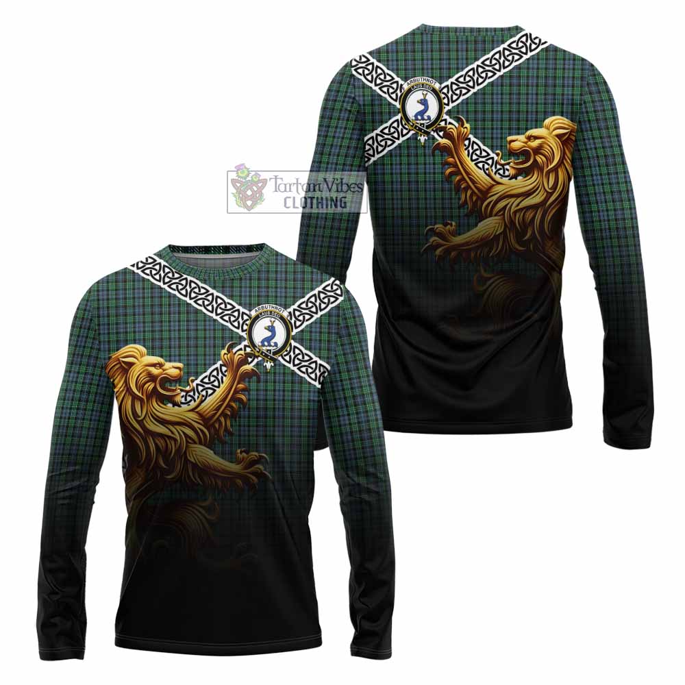Tartan Vibes Clothing Arbuthnot Crest Tartan Long Sleeve T-Shirt with Golden Lion Emblem Celtic Style
