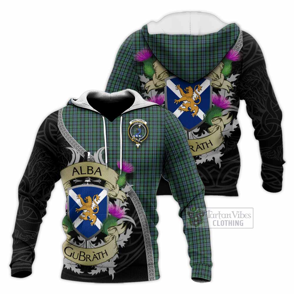 Tartan Vibes Clothing Arbuthnot Tartan Family Crest Knitted Hoodie Lion Rampant Royal Thistle Shield Celtic Inspired