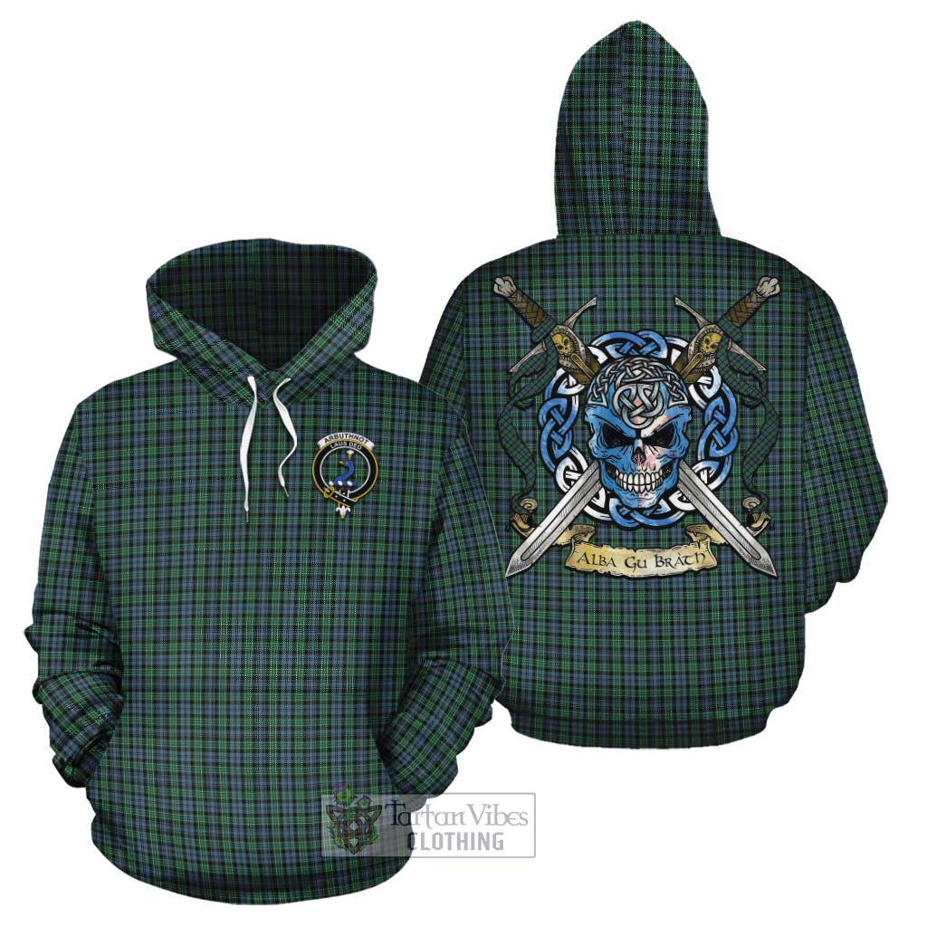 Tartan Vibes Clothing Arbuthnot Tartan Cotton Hoodie with Family Crest Celtic Skull Style