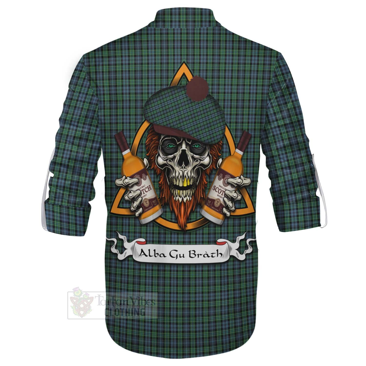 Tartan Vibes Clothing Arbuthnot Tartan Ghillie Kilt Shirt with Family Crest and Bearded Skull Holding Bottles of Whiskey