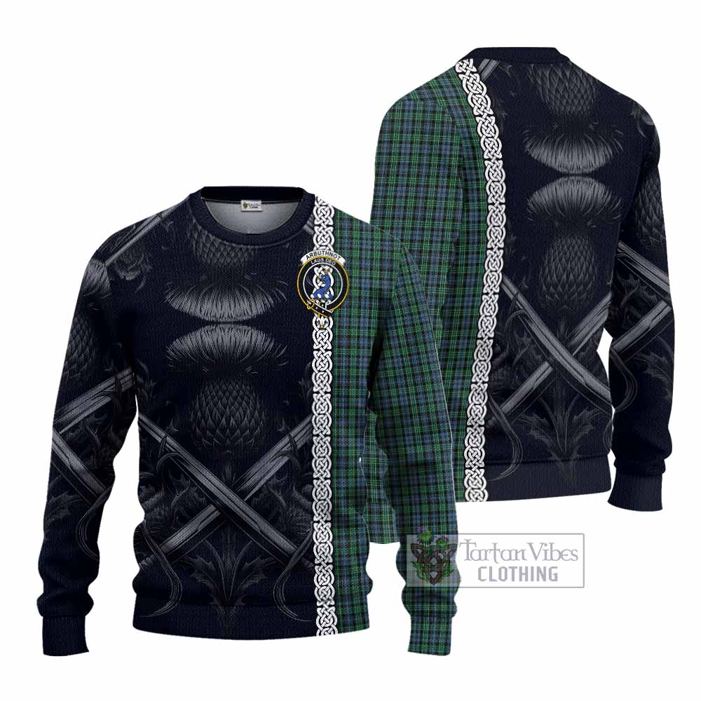 Tartan Vibes Clothing Arbuthnot Tartan Knitted Sweater with Family Crest Cross Sword Thistle Celtic Vibes