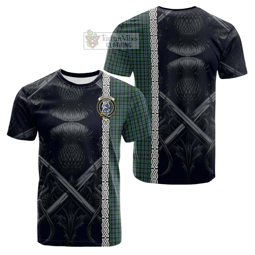 Tartan Vibes Clothing Arbuthnot Tartan Cotton T-shirt with Family Crest Cross Sword Thistle Celtic Vibes