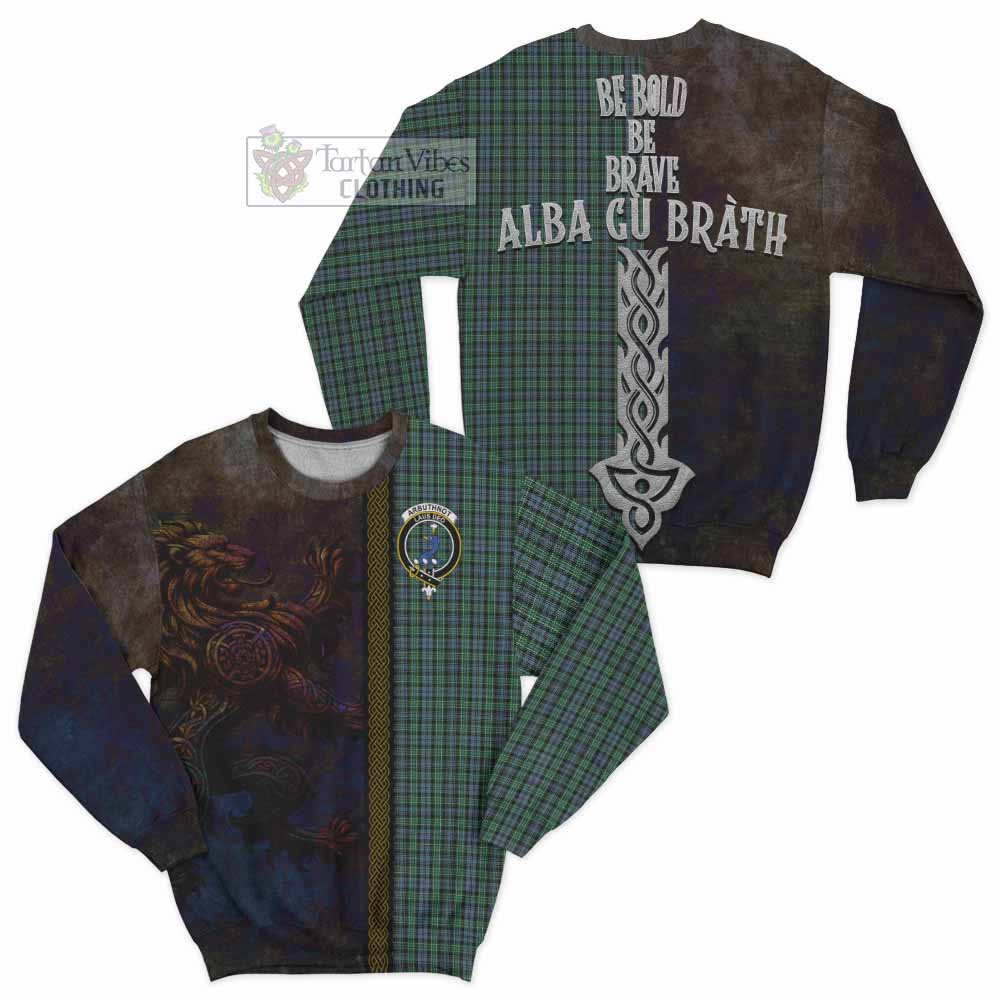 Tartan Vibes Clothing Arbuthnot Tartan Family Crest Sweatshirt Alba Gu Brath Be Brave Lion Ancient Style
