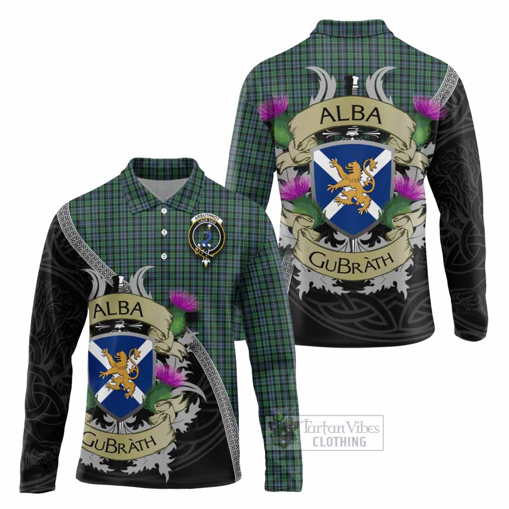 Tartan Vibes Clothing Arbuthnot Tartan Family Crest Long Sleeve Polo Shirt Lion Rampant Royal Thistle Shield Celtic Inspired