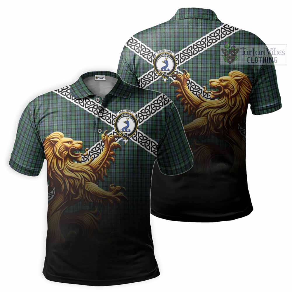 Tartan Vibes Clothing Arbuthnot Crest Tartan Polo Shirt with Golden Lion Emblem Celtic Style