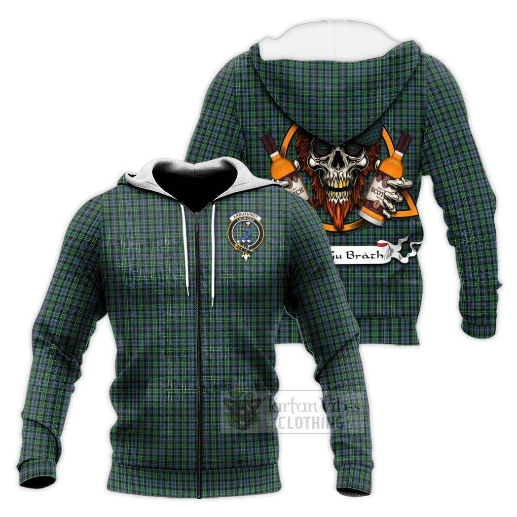 Tartan Vibes Clothing Arbuthnot Tartan Knitted Hoodie with Family Crest and Bearded Skull Holding Bottles of Whiskey