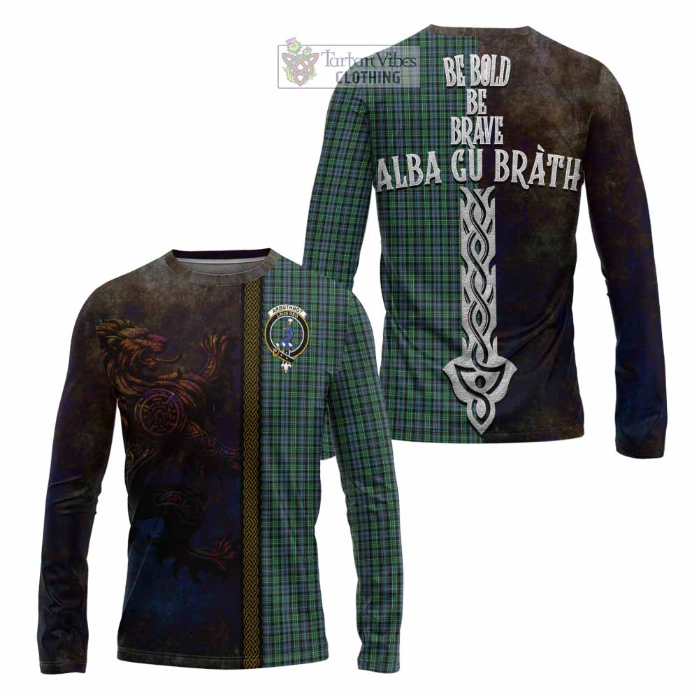 Tartan Vibes Clothing Arbuthnot Tartan Family Crest Long Sleeve T-Shirt Alba Gu Brath Be Brave Lion Ancient Style