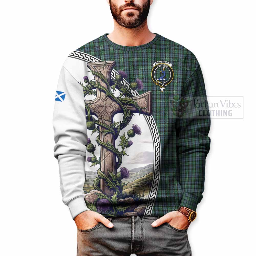 Tartan Vibes Clothing Arbuthnot Tartan Sweatshirt with Family Crest and St. Andrew's Cross Accented by Thistle Vines