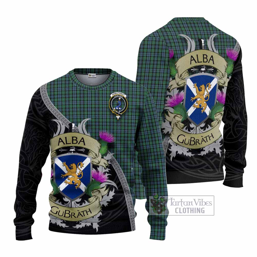 Tartan Vibes Clothing Arbuthnot Tartan Family Crest Knitted Sweater Lion Rampant Royal Thistle Shield Celtic Inspired