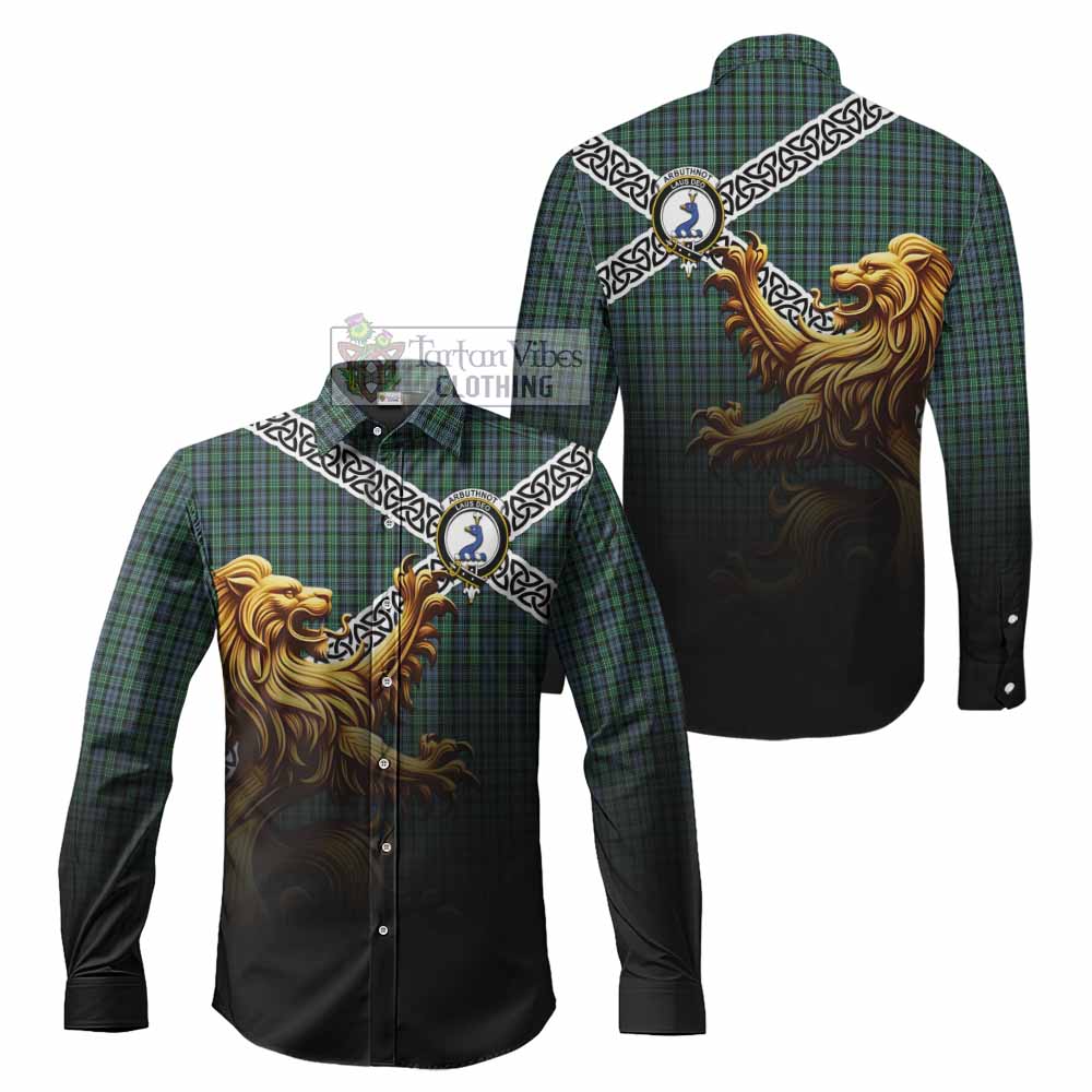 Tartan Vibes Clothing Arbuthnot Crest Tartan Long Sleeve Button Shirt with Golden Lion Emblem Celtic Style