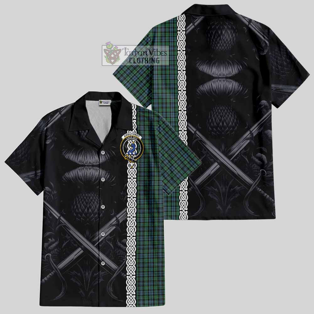 Tartan Vibes Clothing Arbuthnot Tartan Short Sleeve Button Shirt with Family Crest Cross Sword Thistle Celtic Vibes