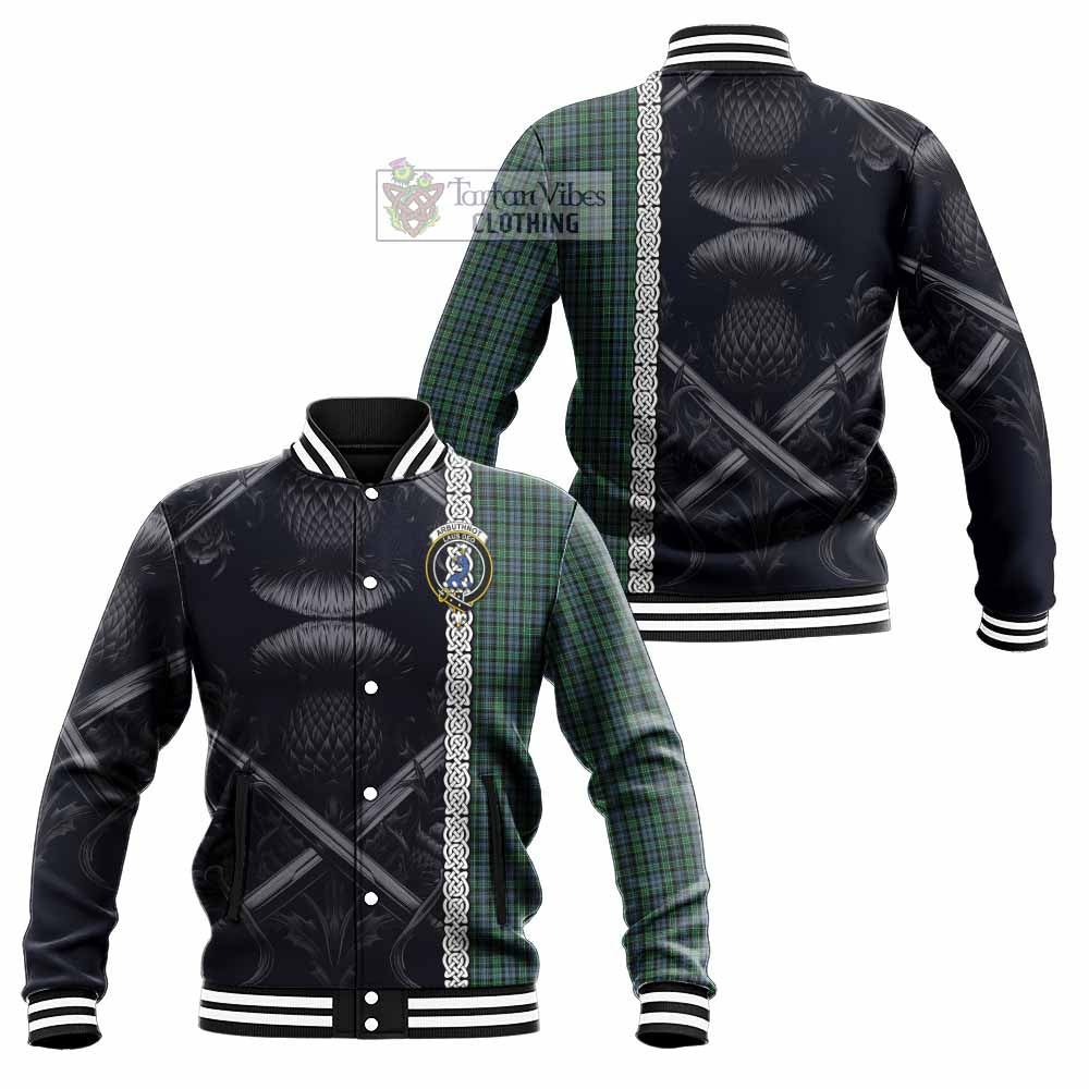 Tartan Vibes Clothing Arbuthnot Tartan Baseball Jacket with Family Crest Cross Sword Thistle Celtic Vibes