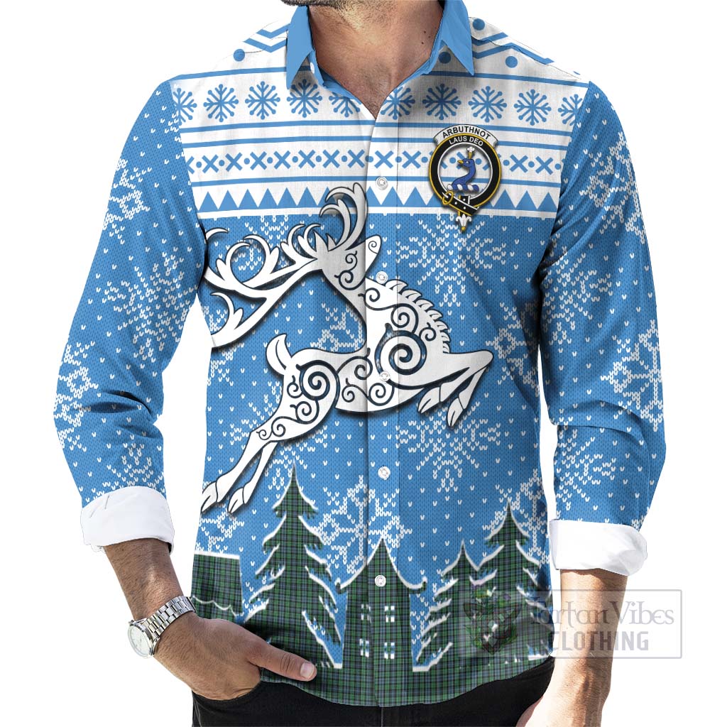 Tartan Vibes Clothing Arbuthnot Clan Christmas Long Sleeve Button Shirt Celtic Reindeer Style