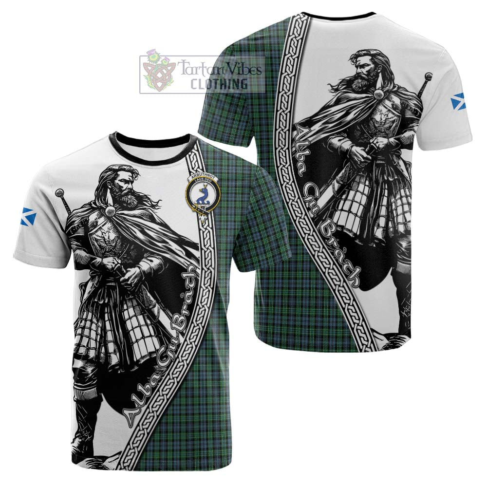 Arbuthnot Tartan Clan Crest Cotton T-shirt with Highlander Warrior Celtic Style