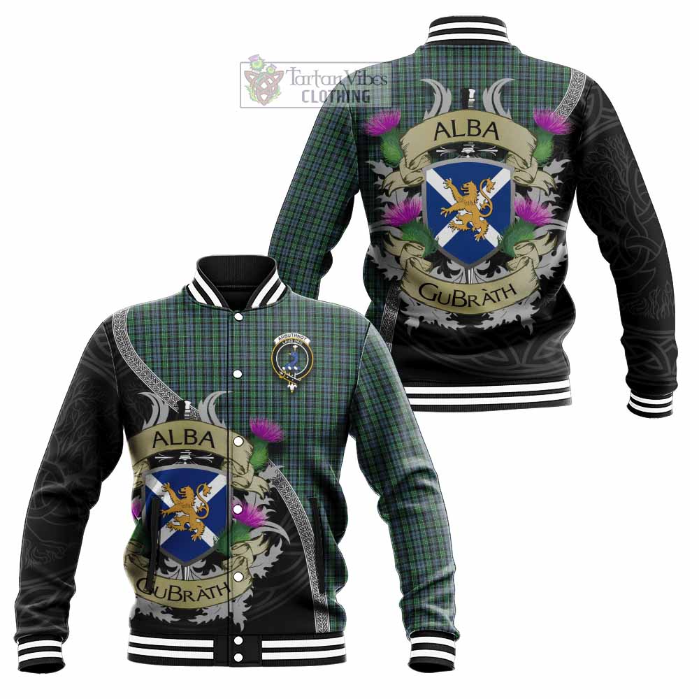 Tartan Vibes Clothing Arbuthnot Tartan Family Crest Baseball Jacket Lion Rampant Royal Thistle Shield Celtic Inspired