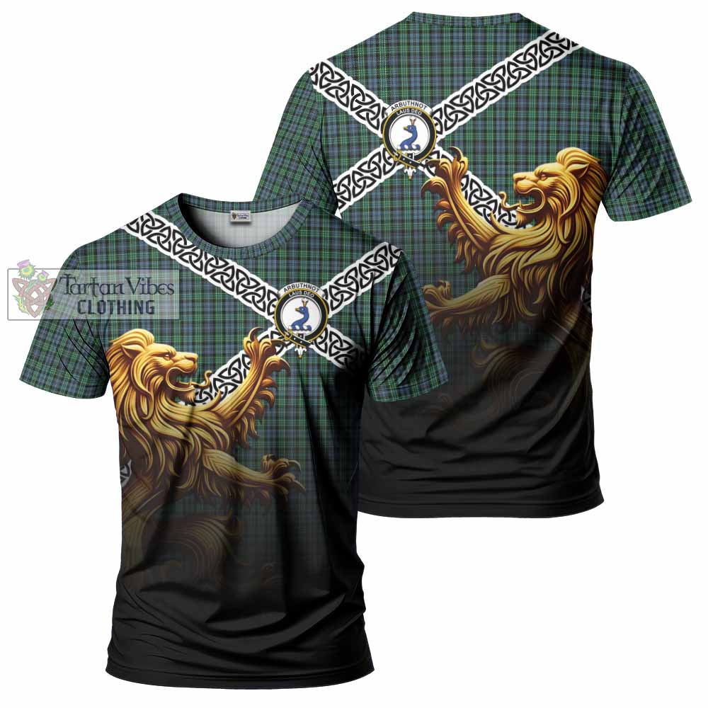 Tartan Vibes Clothing Arbuthnot Crest Tartan T-Shirt with Golden Lion Emblem Celtic Style