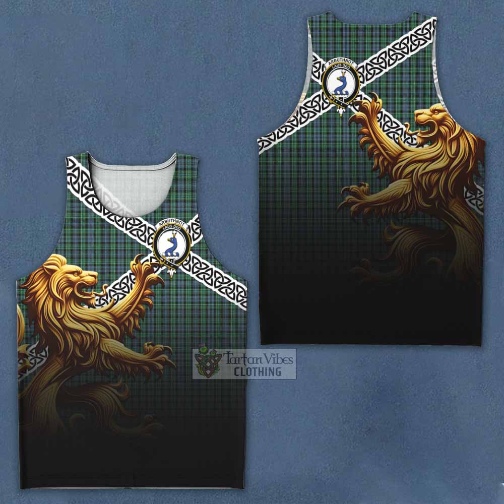 Tartan Vibes Clothing Arbuthnot Crest Tartan Men's Tank Top with Golden Lion Emblem Celtic Style