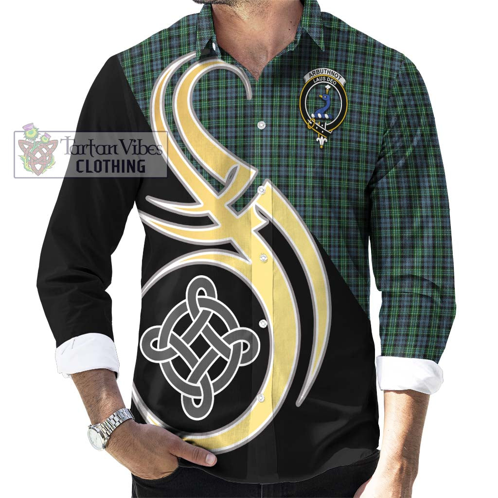 Arbuthnot Tartan Long Sleeve Button Shirt with Family Crest and Celtic Symbol Style - Tartan Vibes Clothing
