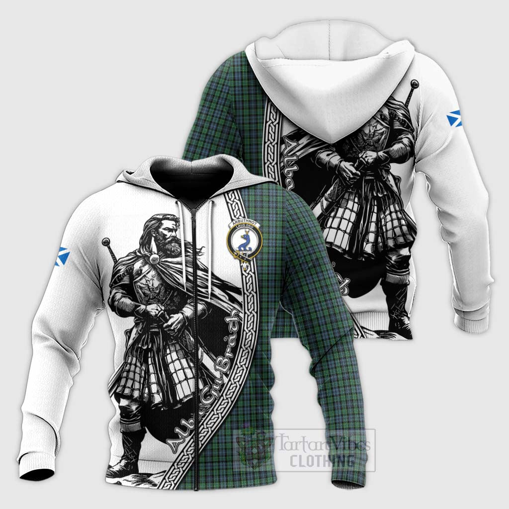 Tartan Vibes Clothing Arbuthnot Tartan Clan Crest Knitted Hoodie with Highlander Warrior Celtic Style