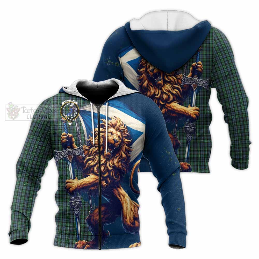 Tartan Vibes Clothing Arbuthnot Tartan Family Crest Knitted Hoodie with Scottish Majestic Lion