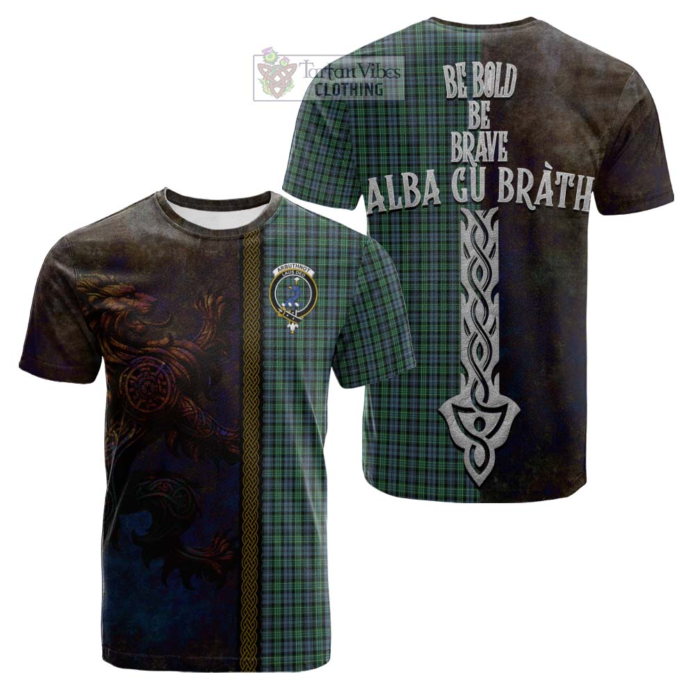 Tartan Vibes Clothing Arbuthnot Tartan Family Crest Cotton T-shirt Alba Gu Brath Be Brave Lion Ancient Style