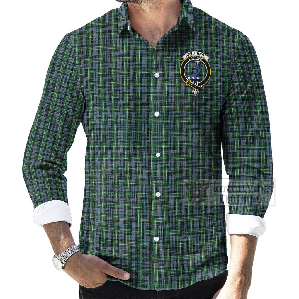 Tartan Vibes Clothing Arbuthnot Tartan Long Sleeve Button Shirt with Family Crest and Bearded Skull Holding Bottles of Whiskey