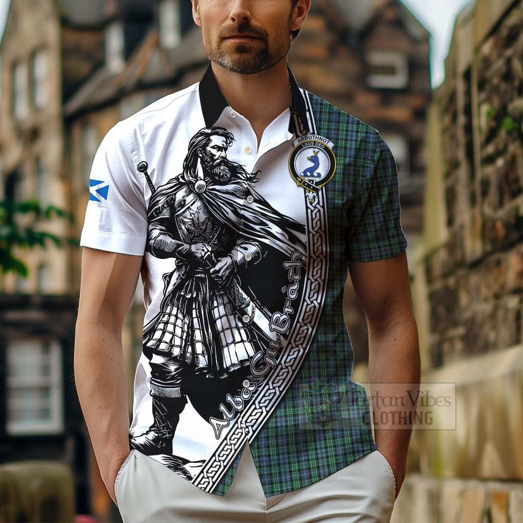 Tartan Vibes Clothing Arbuthnot Tartan Clan Crest Short Sleeve Button Shirt with Highlander Warrior Celtic Style
