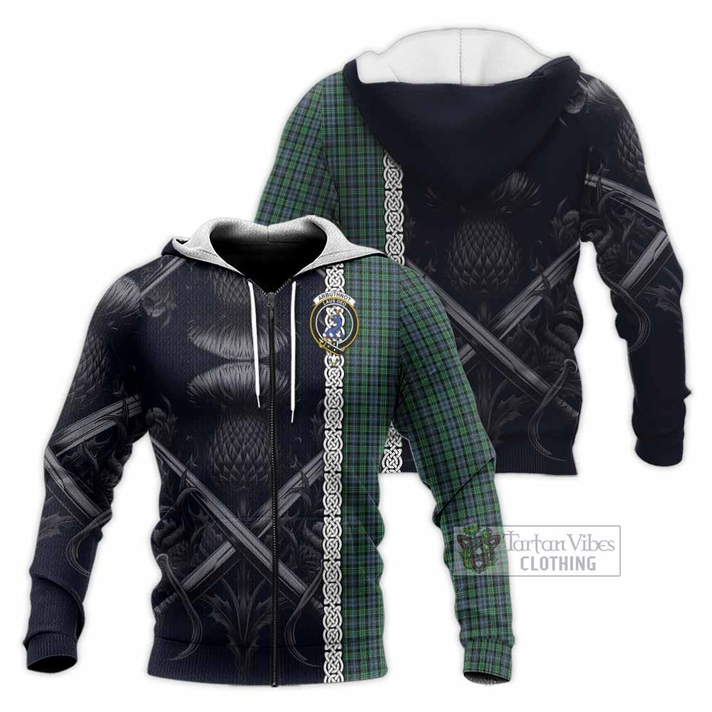 Tartan Vibes Clothing Arbuthnot Tartan Knitted Hoodie with Family Crest Cross Sword Thistle Celtic Vibes