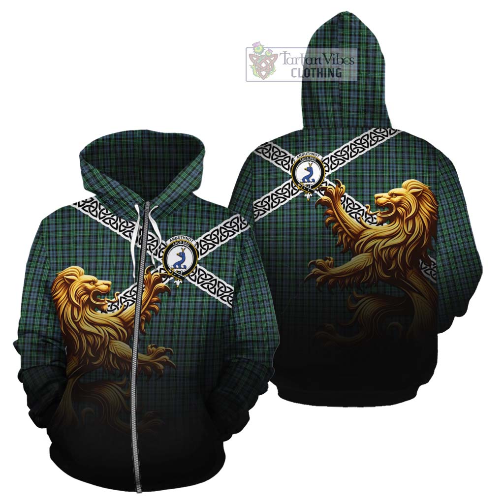 Tartan Vibes Clothing Arbuthnot Crest Tartan Cotton Hoodie with Golden Lion Emblem Celtic Style
