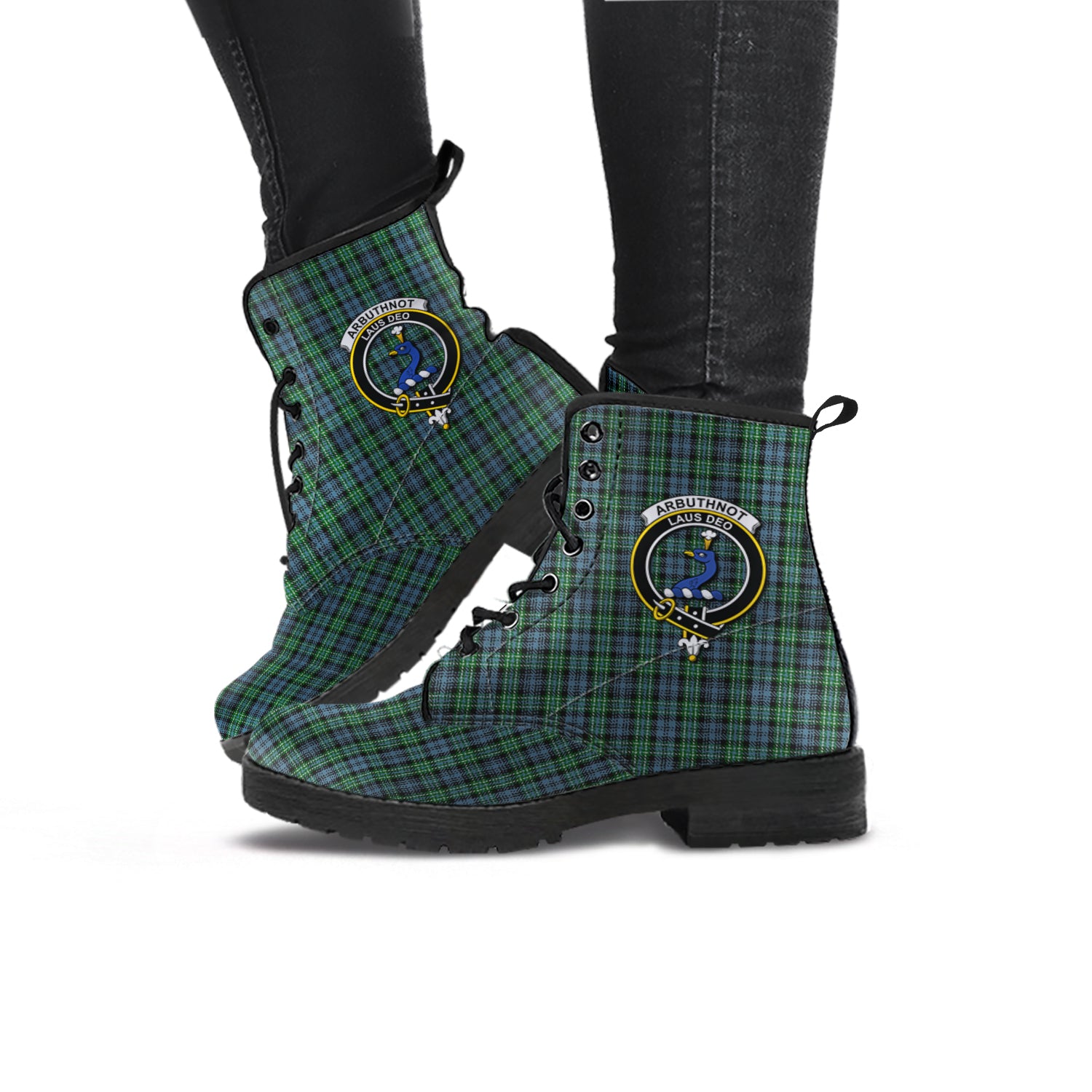 Arbuthnot Tartan Leather Boots with Family Crest - Tartanvibesclothing